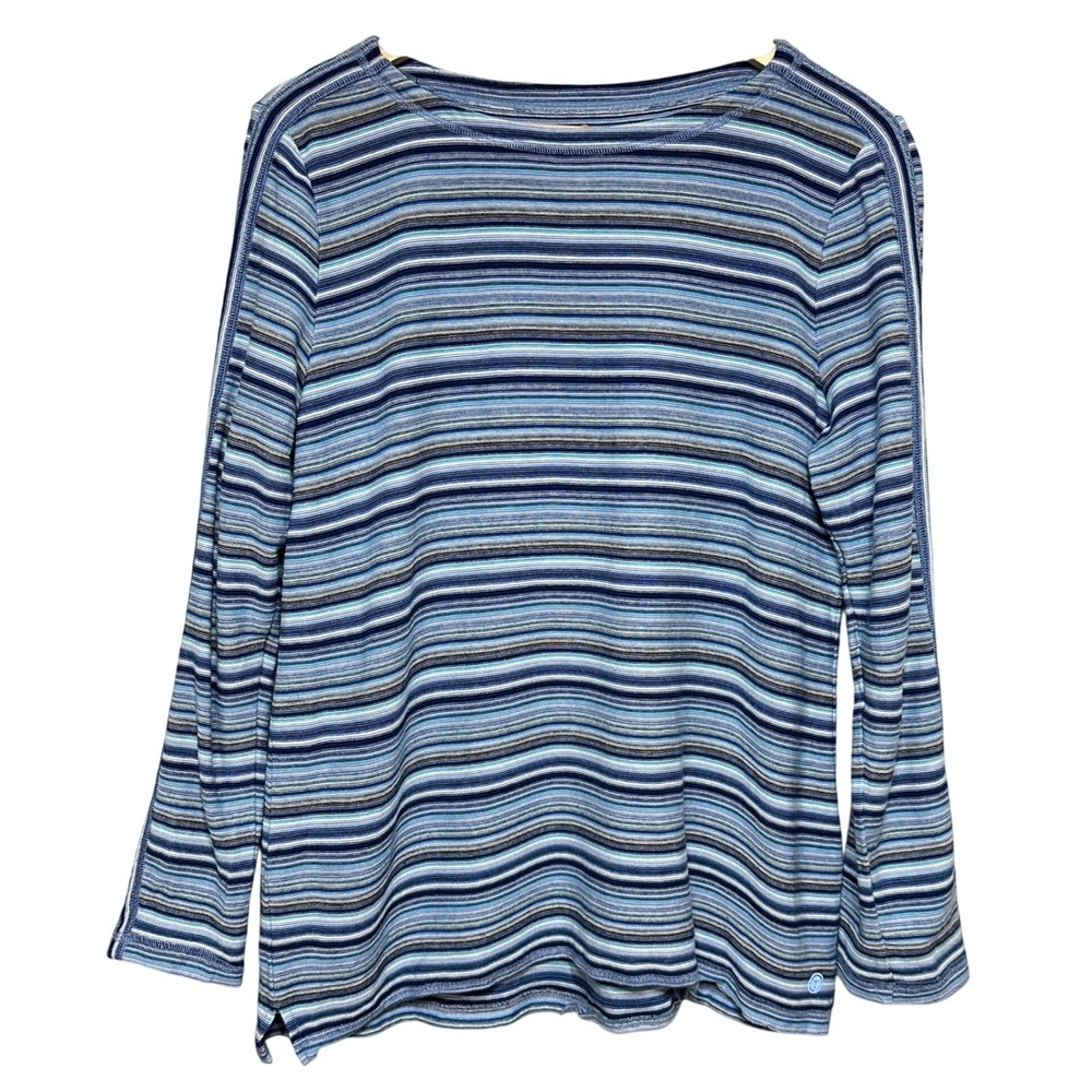 T by Talbots Women's Striped‎ Long Sleeve Top Blue Cotton Knit Size L Activewear
